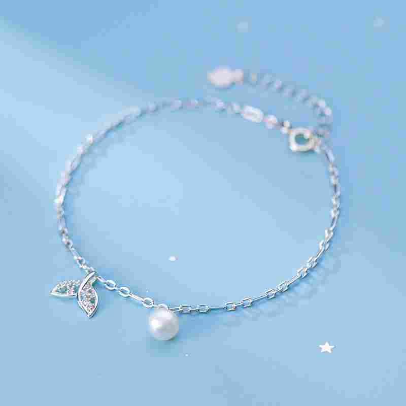 925 sterling silver imitation pearl leaf minimalist link anklet