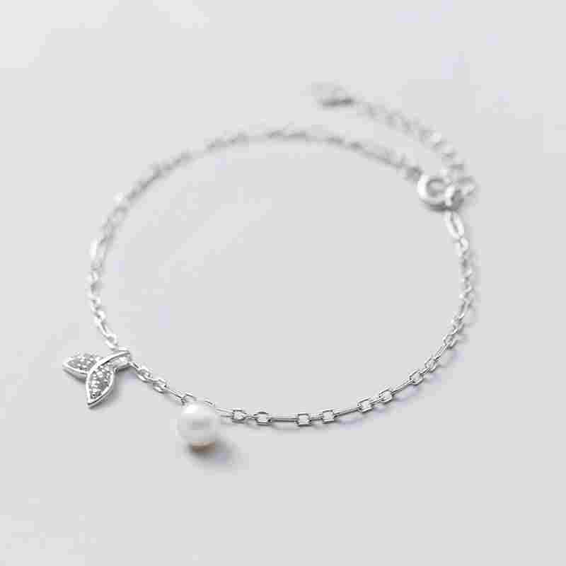 925 sterling silver imitation pearl leaf minimalist link bracelet