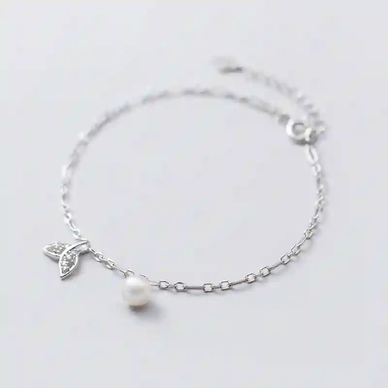 925 sterling silver imitation pearl leaf minimalist link bracelet