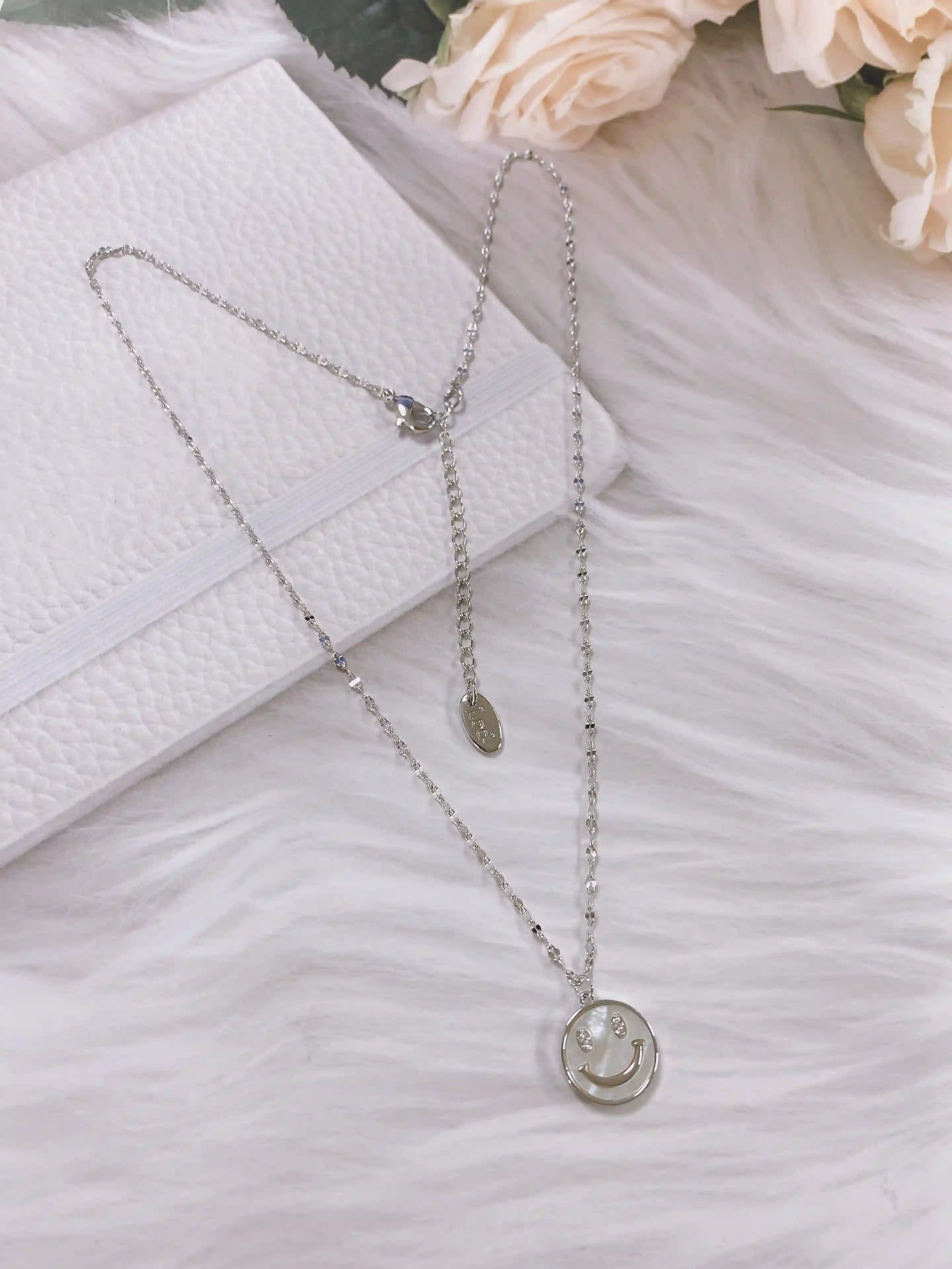 brass cubic zirconia smiley dainty link necklace