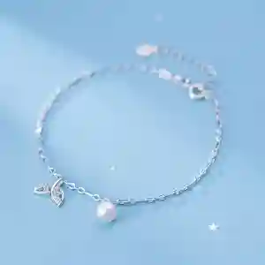925 sterling silver imitation pearl leaf minimalist link anklet