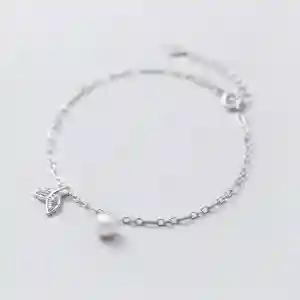925 sterling silver imitation pearl leaf minimalist link bracelet